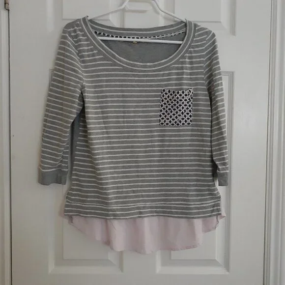 Anthropologie Little Yellow Button Women's Size M Gray Stripe Mixed Media Shirt - Picture 2 of 14